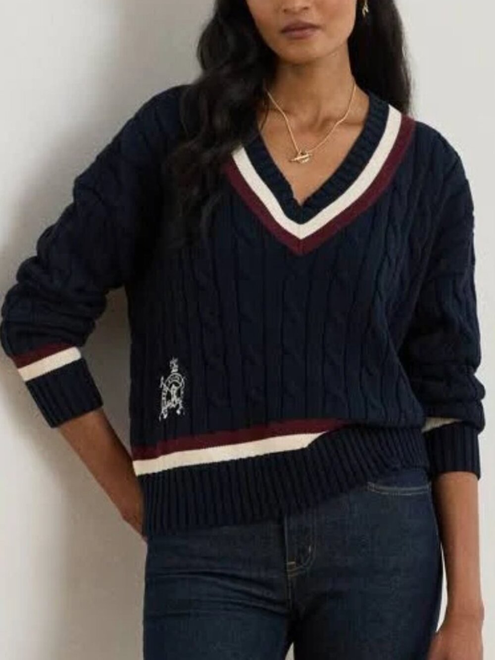 POLO RALPH LAUREN THE ICONIC CRICKET SWEATER COTTON CABLE KNIT COLLEGIATE sz L